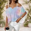 Damen Übergröße Off-Shoulder Träger mit Metallschnalle V-Ausschnitt Kurzarm Holografischer Regenbogen-Print Oberteil