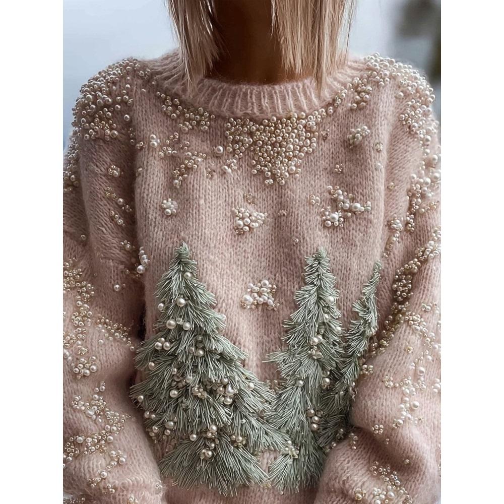 Maglione da donna a girocollo largo con stampa natalizia, maglione casual alla moda