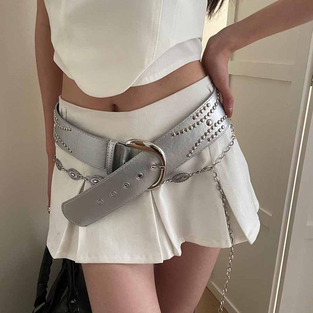 Y2K Wide Belt Silver PU Leather Waistbands Punk Rivet Waist Belt  Teens