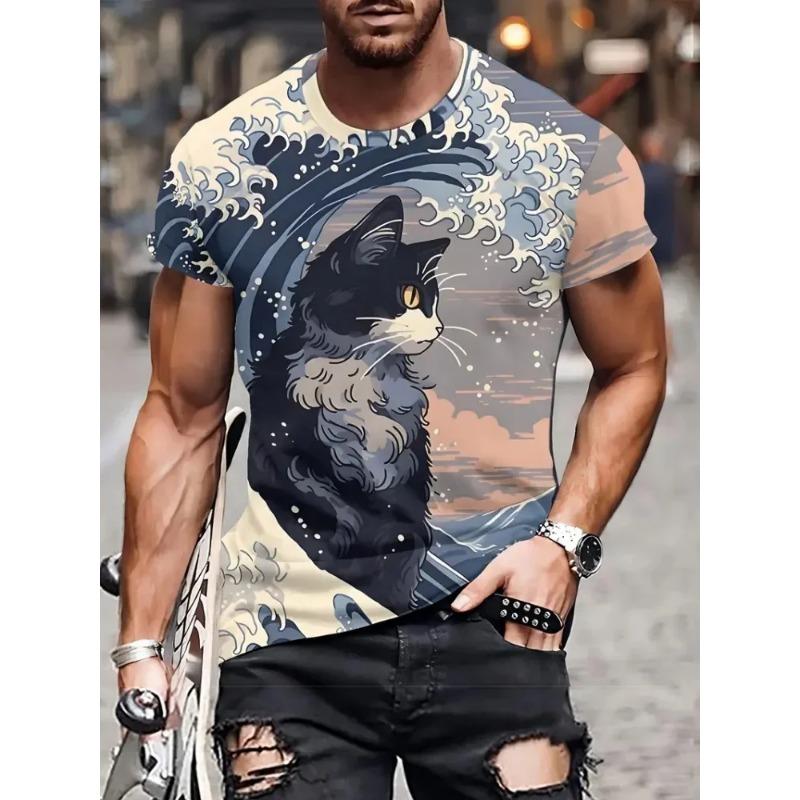 Summer Round Neck 3D Print Animal Cat Pattern Top Fashionable Casual Short Sleeved Men's T-shirts