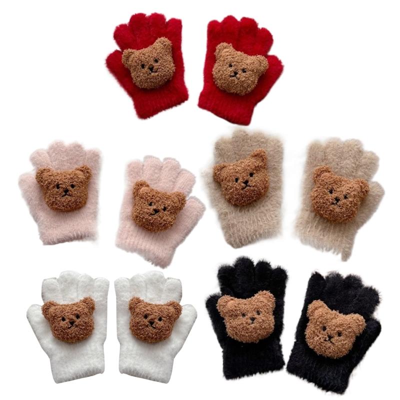 Stylish Fleece Baby Gloves Comfortable Winter Mittens with Lovely Bear Pattern Elastic Handwear Suiatble for Children