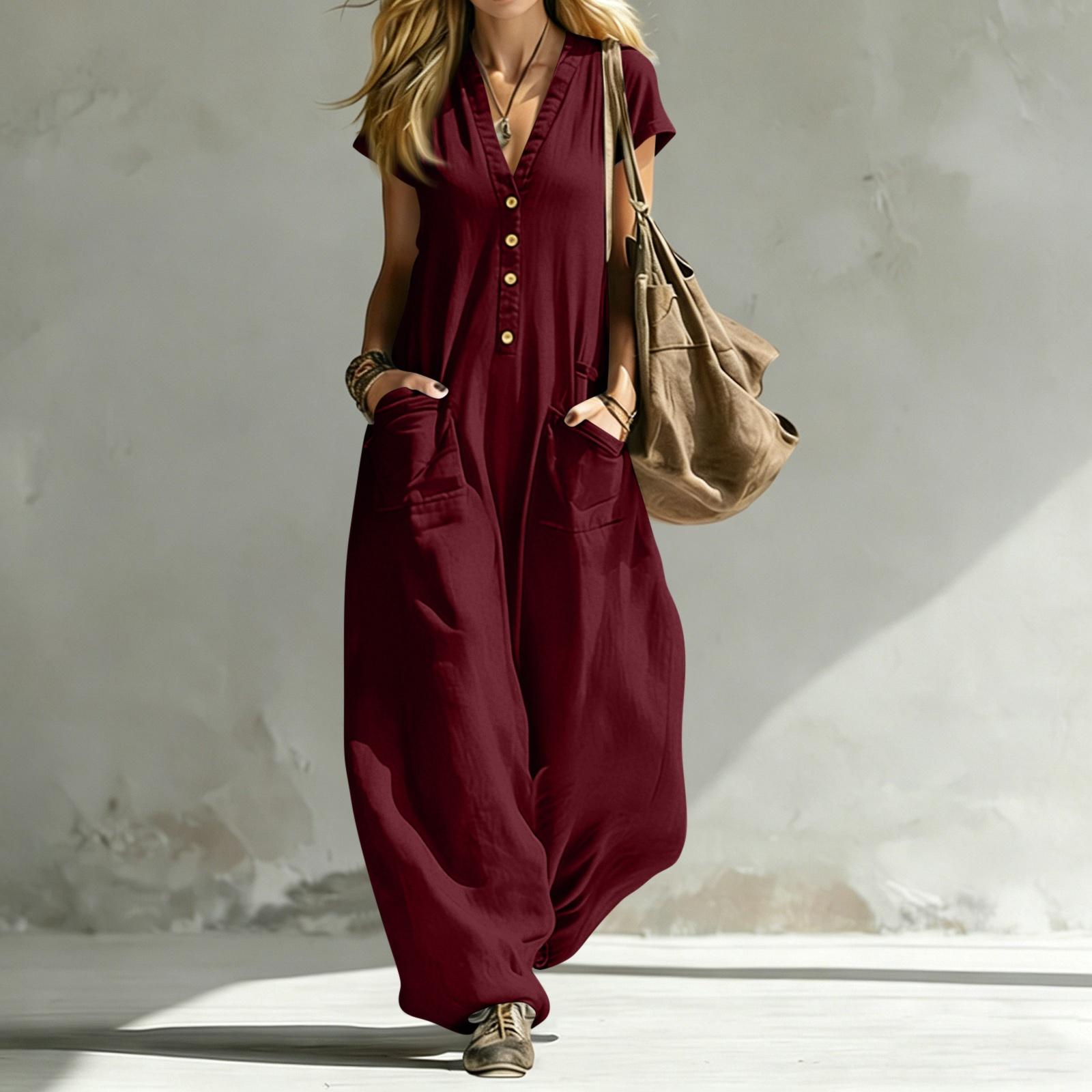 

Women’s Fashion V Neck Short Sleeve Button Front Cotton Linen Jumpsuit with Pocket Loose Fit Casual Romper for Summer Daily Wear XXL винний