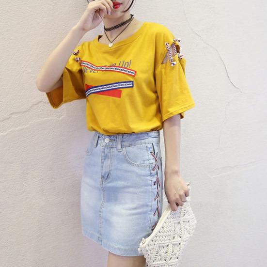 Vintage Women Letter Hollow Half Sleeve Round Neck Loose Tee Top T-shirt Bluzka
