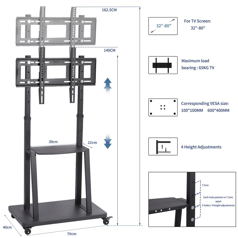 UNHO Mobile Floor TV Stand with Castors, Heavy Duty TV Cart Stand for 32''-100'' LED LCD Screens Height Adjustable Ultra Stable