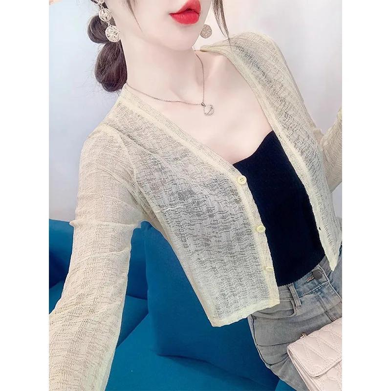 Dames Beige Doorzichtig Gebreide Cardigan Lange Mouw Cropped Open Voorkant Casual Zonbescherming Top