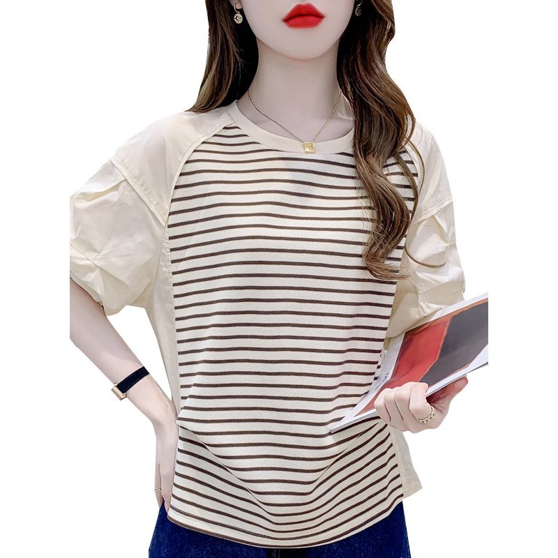 Women's Summer Short-Sleeve T-Shirt 2026 New Design for Petite Figures, Unique Striped Patchwork Shirt-Style T-Shirt, Stylish Top