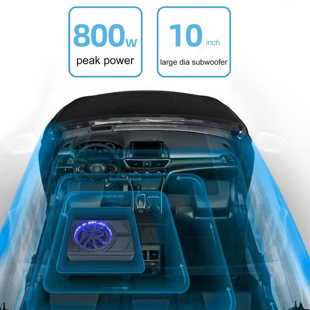 Slim Underseat Powered Car Subwoofer 10in 800W with LED Atmosphere Light Excellent Heat Dissipation Performance