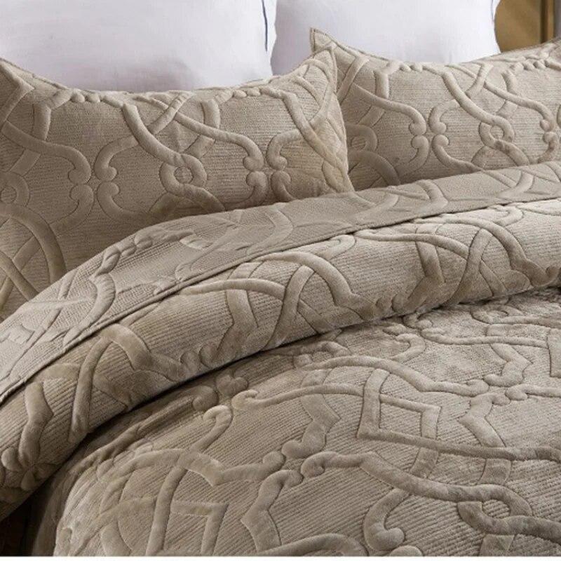Europäisches gestepptes Samt-Tagesdecken-Set für King-Size-Betten, wendbare Vintage-Steppdecken, Queen-Size-Bettbezug mit 2 Kissenbezügen, weiche, warme Bettdecke