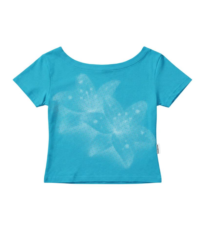 ESCAPEFROM [Escf X Hot Today] Halftone Lily Boat Neck Slim Fit Short Sleeve T-Shirt Teal Blue