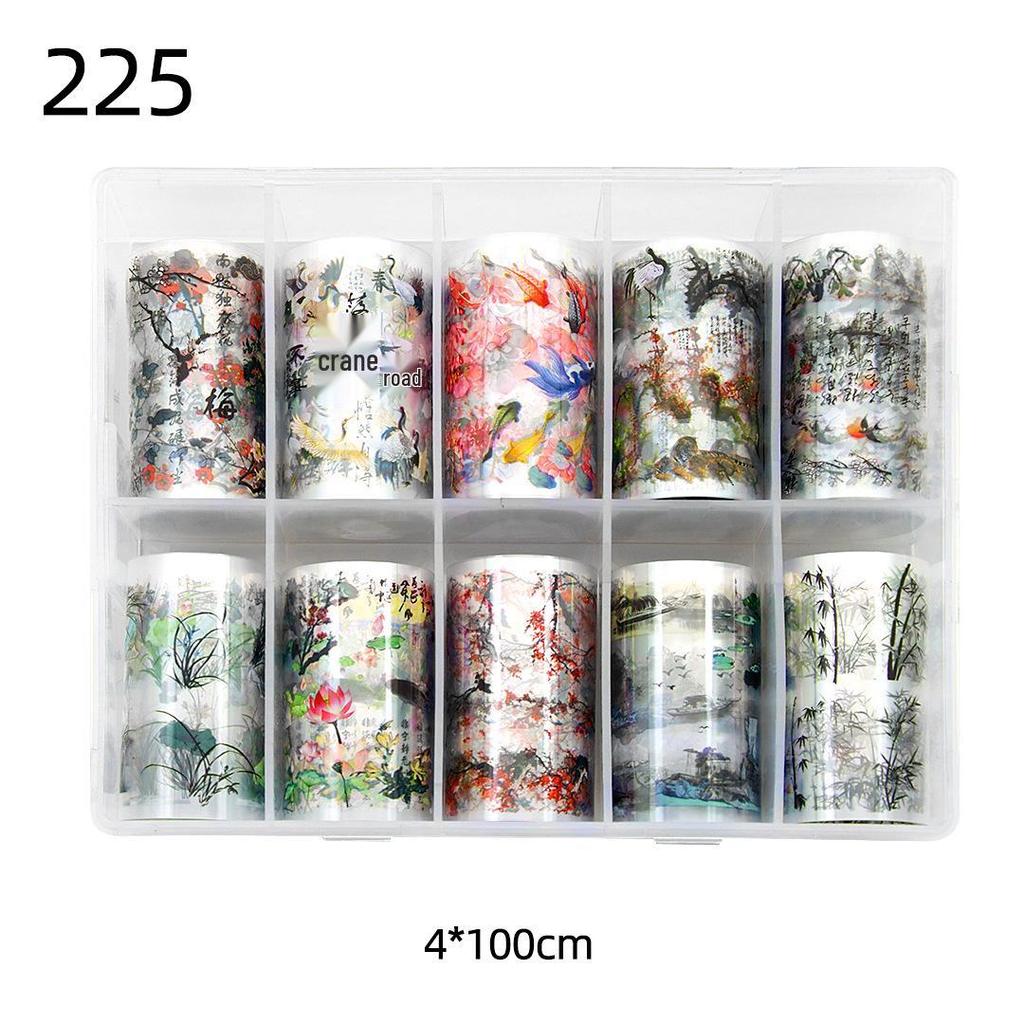 Chińskie Tuszowe Naklejki do Nail Artu: Gwieździste Niebo, Bambus, Kwiat Śliwy - 10 Wzorów