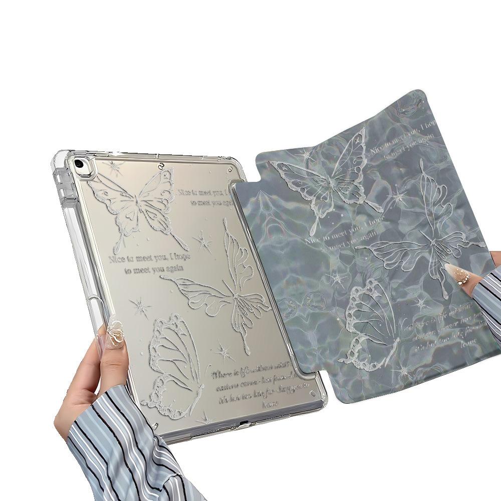 Silver butterfly is suitable for iPad Pro11 inch Y folding edge sticker, tablet protective case with pen slot, anti-drop soft case ins wind