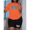Übergröße Damen Sommer Diamant Liebe Druck Premium Bequemes T-Shirt Zweiteiliges Set