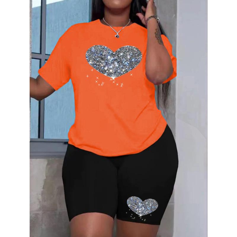 Übergröße Damen Sommer Diamant Liebe Druck Premium Bequemes T-Shirt Zweiteiliges Set