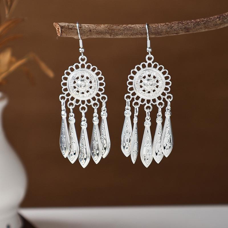 Ethnic Miao Silver Tassel Earrings - Retro Long Dangle Scenic Studs for Women