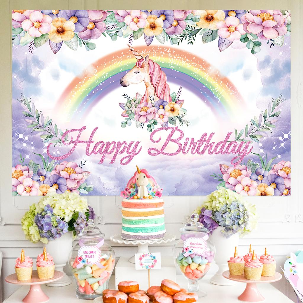 Unicorn Happy Birthday Party Backdrop Unicorn Party Decor Unicorn Party Background Girl Decor Baby Shower Decorations