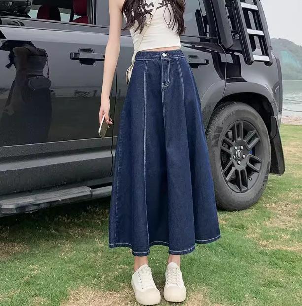 Women's High Waist A-Line Denim Midi Skirt - Slim, Fashionable, and Loose Big Swing Style for Summer