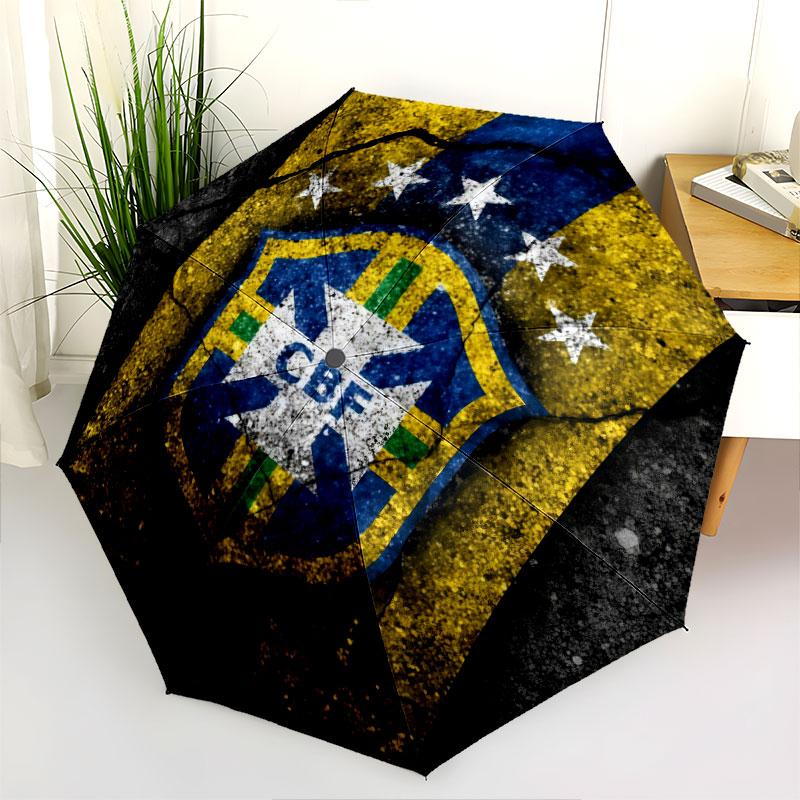 1 PC Automatic Folding Umbrella - Brazil National Football Team Pattern, Portable & Foldable Design with 8 Ribs, Christmas Birthday Gifts