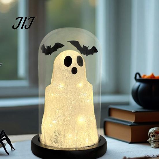 Tabletop Halloween Decor Light Up Ghost in Dome Cloche, Cute Night Desktop Centerpiece for with Bats Home Kitchen Mantel Holiday Party Wireless