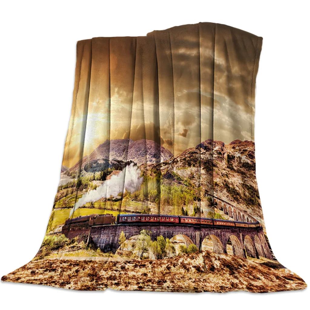 Flannel Blankets The Steam Age Of Old Trains Blanket Cushion Warm Throws on Sofa Bed Home Bedspread Travel Fleece Blanket Queen