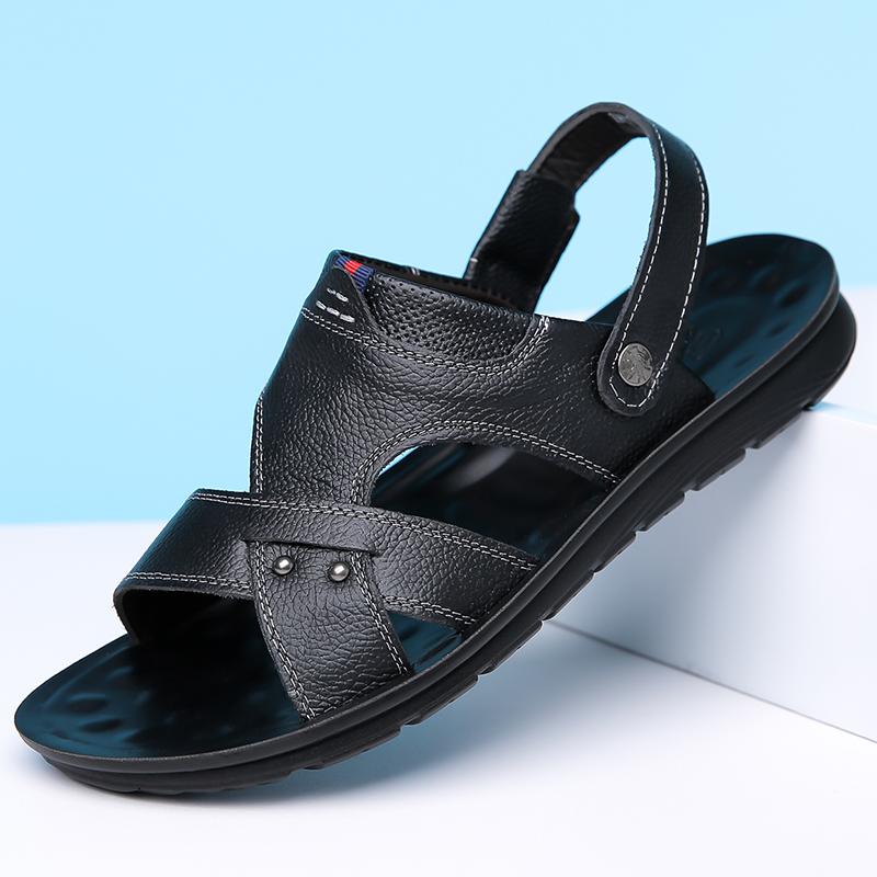 Herren Schwarz Leder Sandalen Sommer Braun Outdoor Wandersandalen Outdoor Breite Zehenpartie Strandschuhe für Vater Übergröße