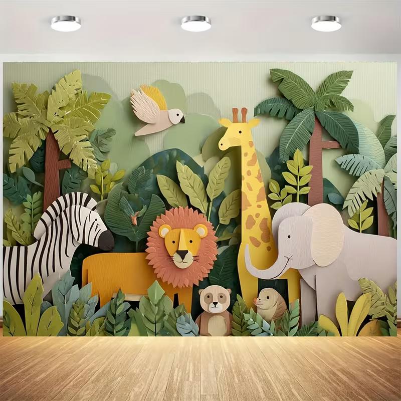 2D Kids Jungle Animals Backdrop, Paper Art Safari Photography Background