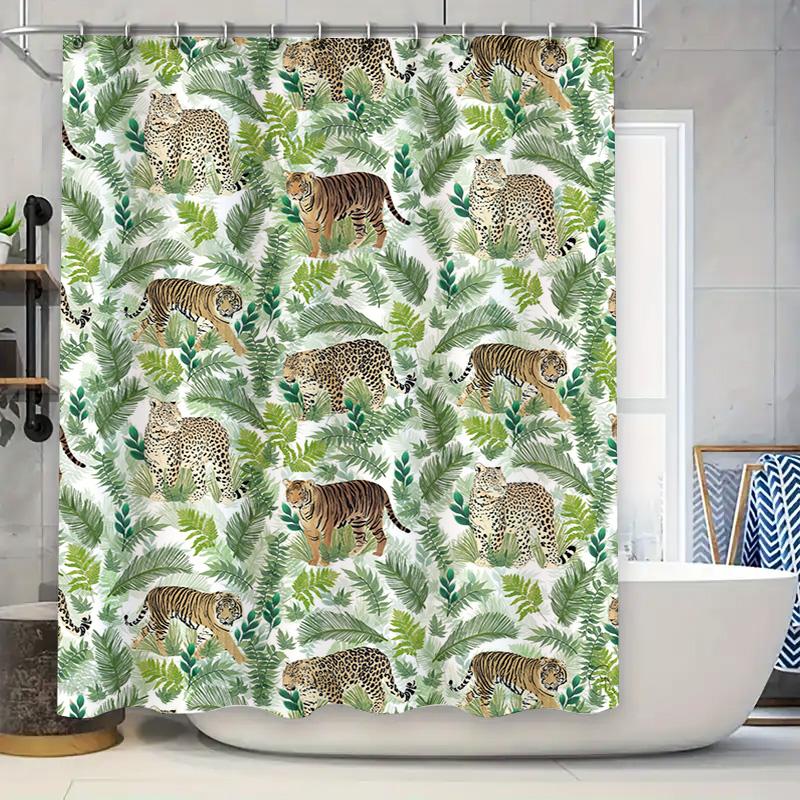 

Wildlife Shower Curtain Animal Print Green Leaves Tiger Leopard Print Shower Curtains Modern Home Decor Waterproof Bathroom Acce W60H190(CM)-1 Pcs