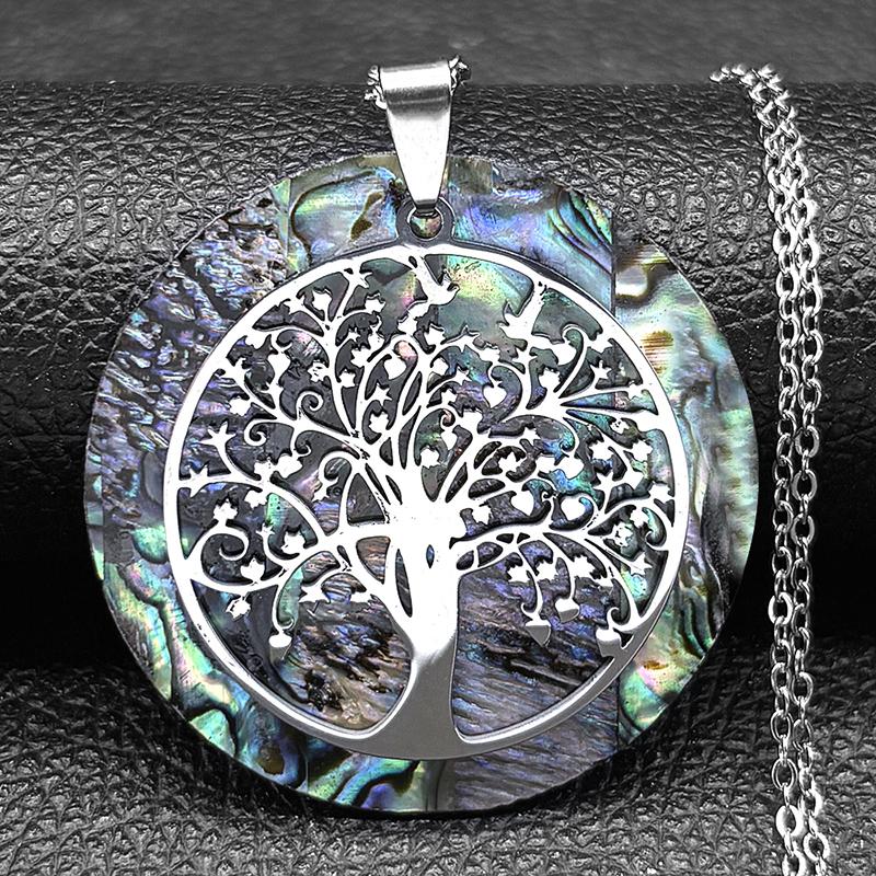 Colier din Oțel Inoxidabil cu Pandantiv Arborele Vieții și Scoică Abalon, Lanț Culoare Aurie, Coliere cu Sidef, Bijuterii Boho, Guler NX