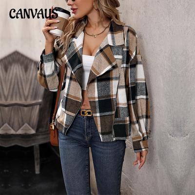 Autumn Women's Coat Milled Checkered Plaid Cardigan Vintage Lapel Zipper Long Sleeve Jacket