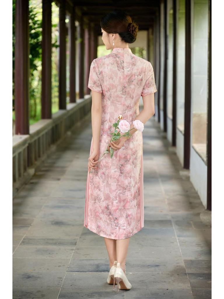 Modern Short Sleeve Long Cheongsam Dress In Literary Chinese Style