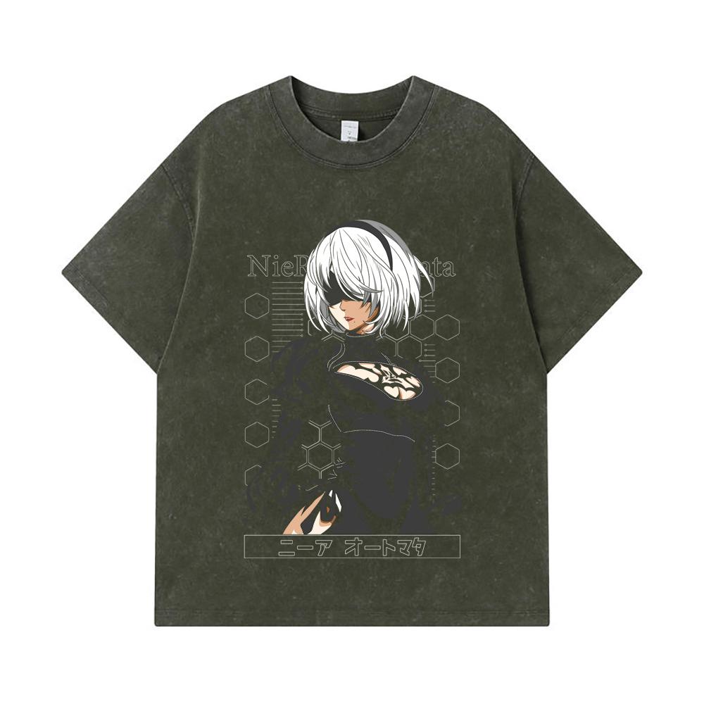 

275 GSM Washed T-shirts 100% Cotton NieR Automata V2 Print Unisex Heavy Cotton T Shirt S армия зеленый