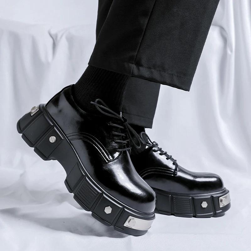New British Style Men Casual Shoes Fashion Leather Dress Derby Shoes Thick Bottom Outdoor Work Shoe Comfy Round Toe Formal Shoes