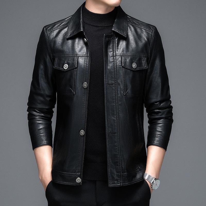 

Genuine Leather Jacket Men s Lapel Middle-aged Cadres Spring and Autumn Thin Casual Dad Wear Sheepskin Jacket 170