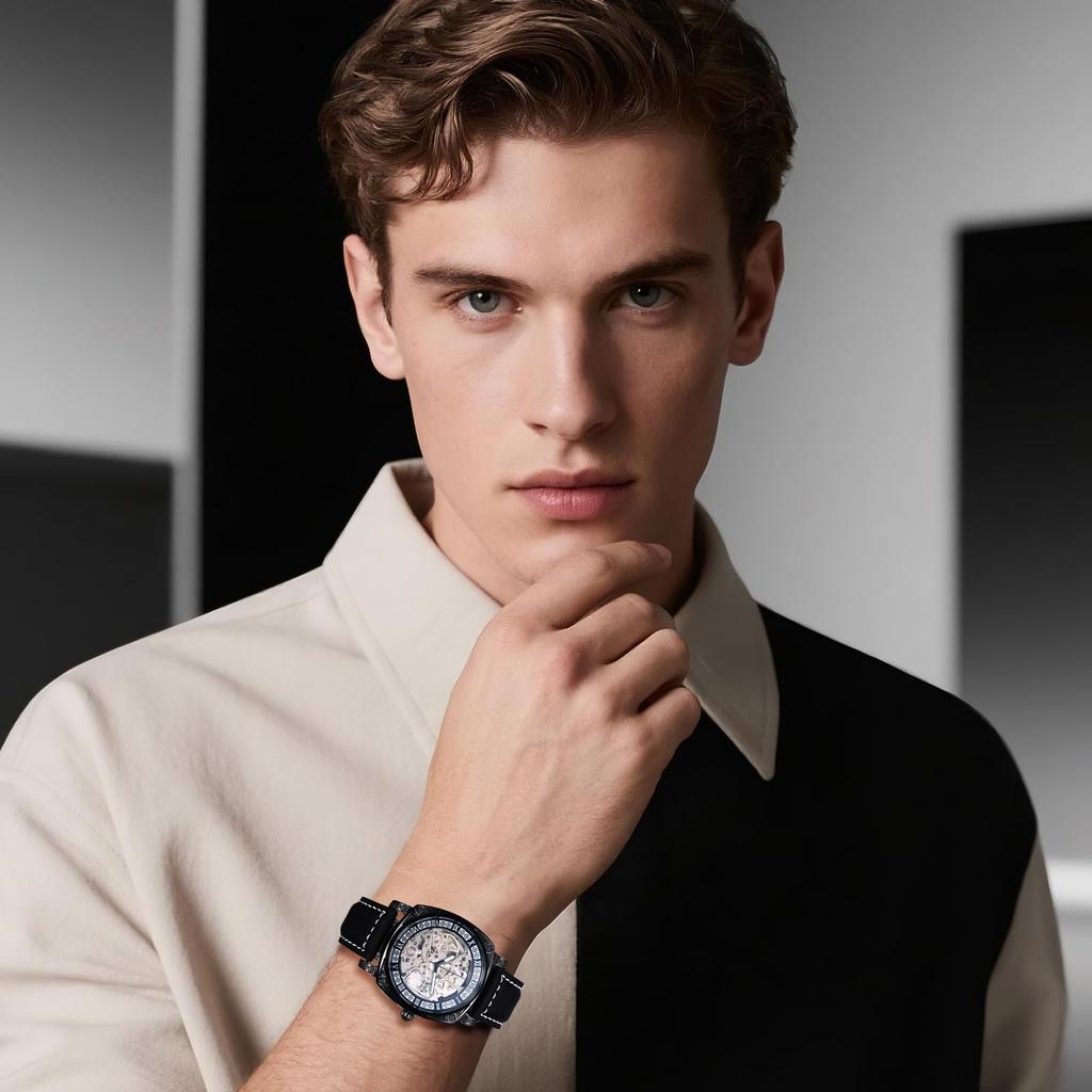 Automatic Skeleton Watch with Genuine Leather Roman Analog 3ATM Water Stylish Accessory for Leisure and Business Perfect Gift for and Day Men's Strap