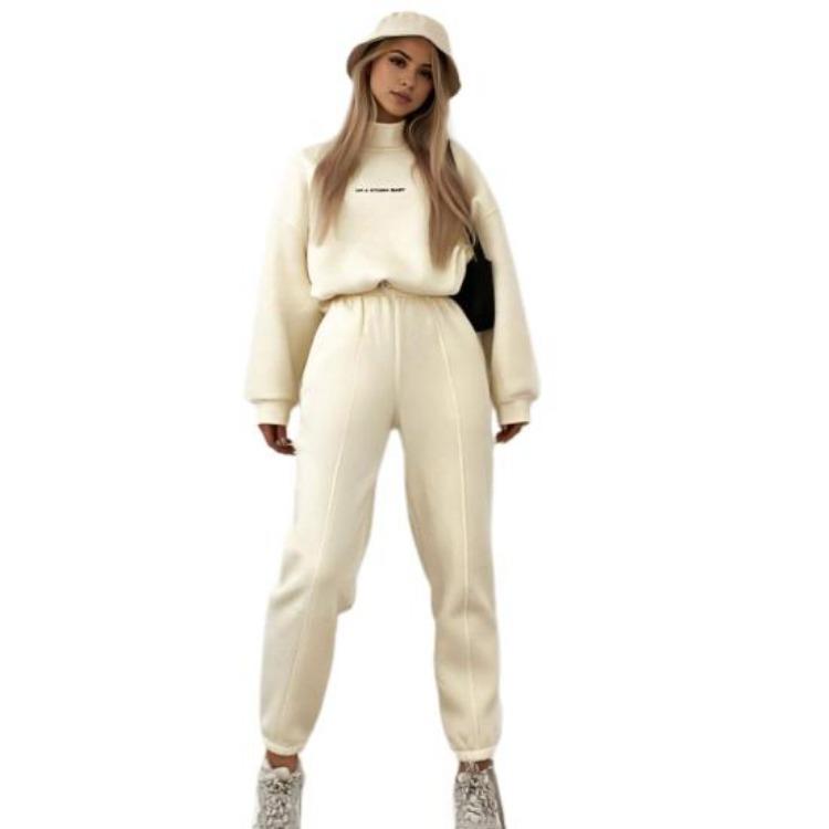 

2 Pcs Set Women Sport Fitness Top and Pants Long Sleeve Stand Collar Sweatshirt with Elastic Cuff High Waist Stretchy Ankle Banded Trousers Drawstring M бежевий