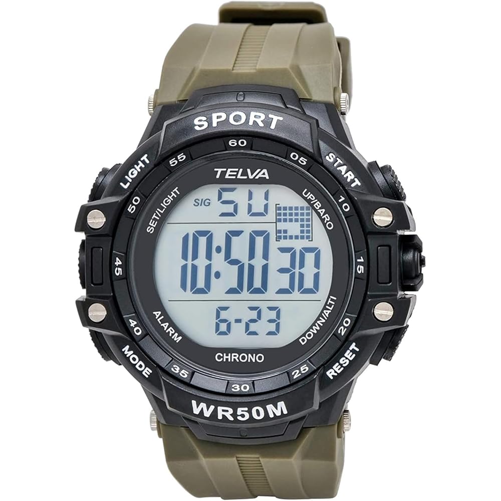 Crepha TELVA Digital Multifunction Watch 5 ATM Water Resistant Stopwatch Large Screen Khaki Men s Sports