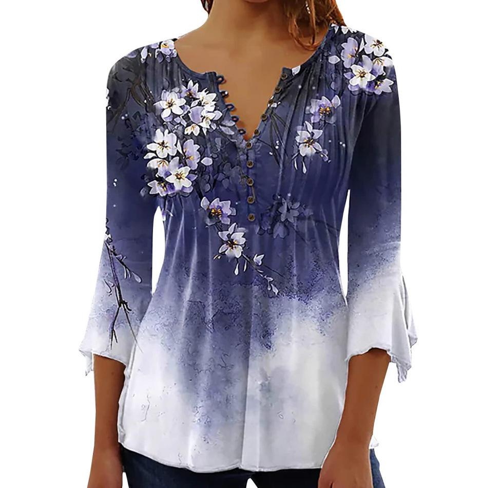 Plus Size Women s Floral 3D Print V-Neck Button Pleated Mid-Sleeve T-Shirt for Spring/Summer Extra Large