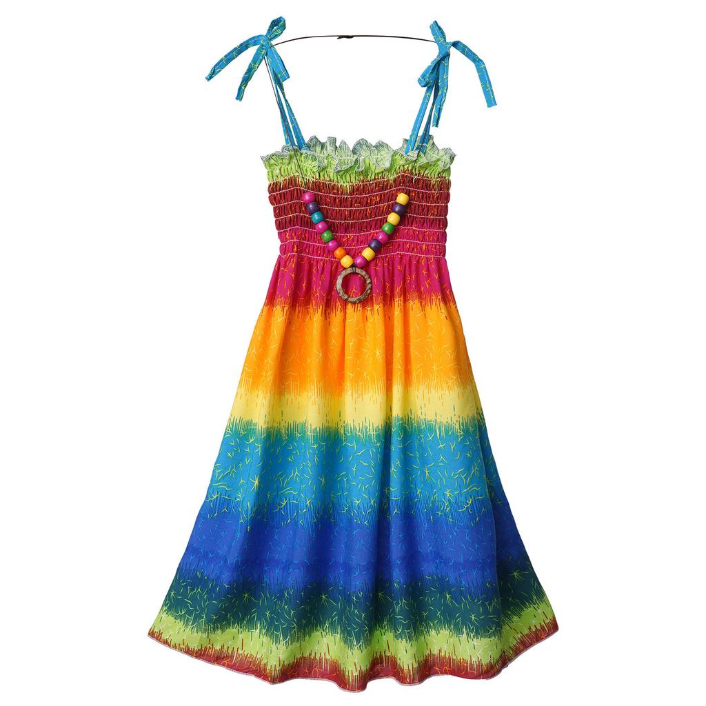Girls Bohemian Beach Dress Off Shoulder Floral Sleeveless Rainbow Straps Suspender Dress with Necklace Summer Outfit