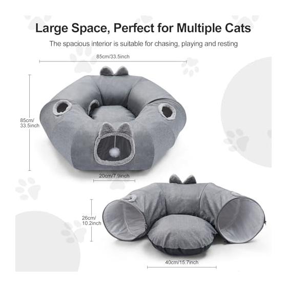 Odoland 85cm Cat Tunnel Bed, Donut Shape, 160cm Long S Shape, Cat Tunnel with Cushion, Fluffy, Cat Play, Lack of Exercise, Foldable, Washable, Toy