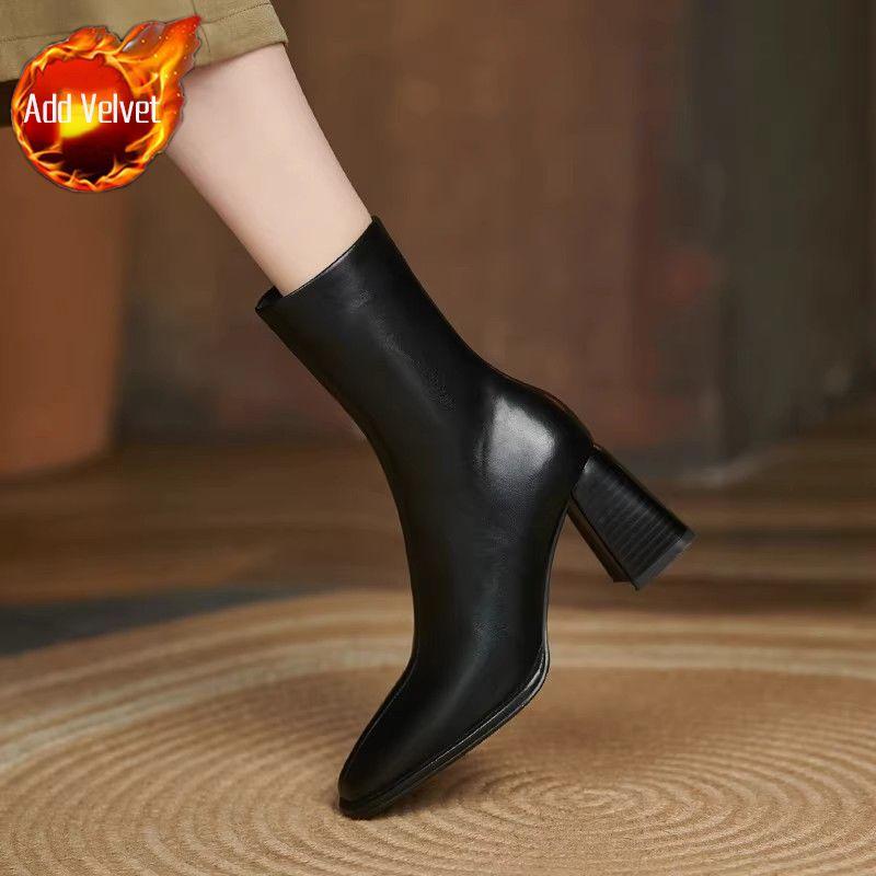 Fashion Leather Square Toe Heeled Booties Fleece-Lined Women's Ankle Boots Autumn Winter Female Short Shoes Trend 2025 On Offer Footwear