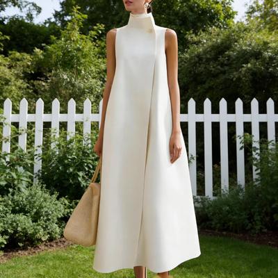 Women's Stand-Up Collar Long Dress Sleeveless One Button A-line Maxi Dress Formal Business Office