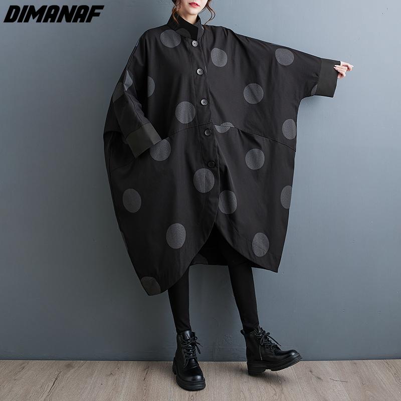 

DIMANAF Великий розмір 2023 Осінь Зима Нові куртки Вільні рукави «летюча миша» з вінтажним принтом у крапку Чорне повсякденне Довге пальто One Size чорний