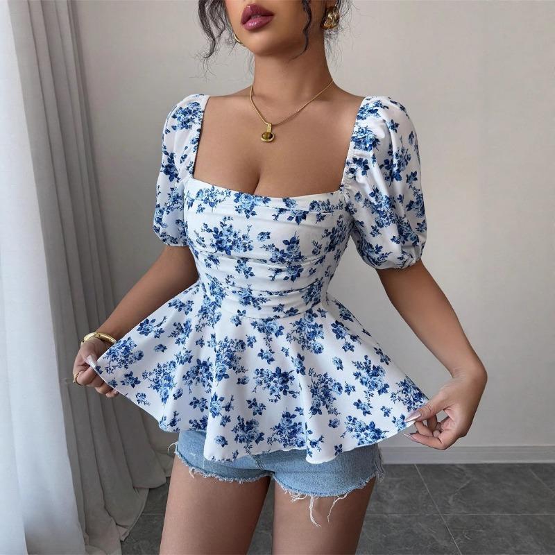 Summer New Women's Fresh and Sweet T-shirt Square Neck Puff Sleeve Floral Top