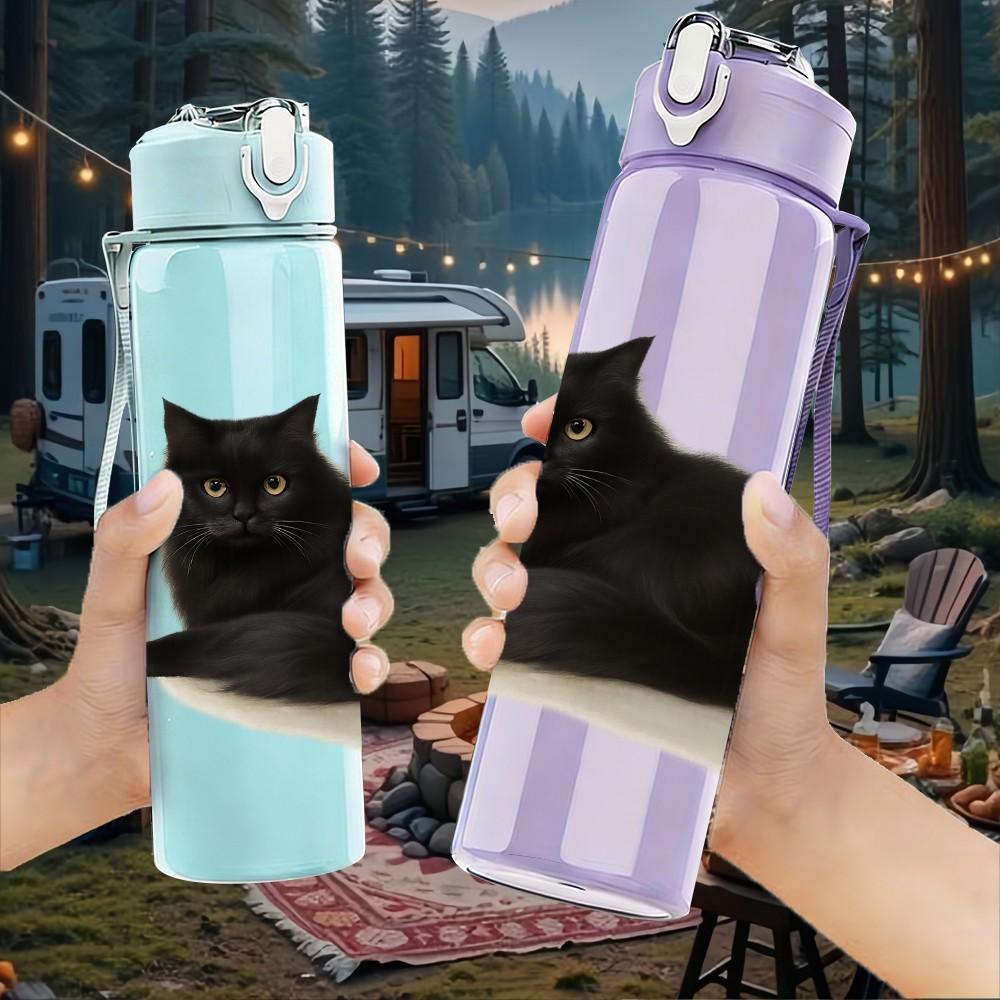 1PC Black Cat Lying Down 750ml Color Plastic Sports Water Bottle Leakproof Flip Straw Lid Suitable for Sports Office Home Use
