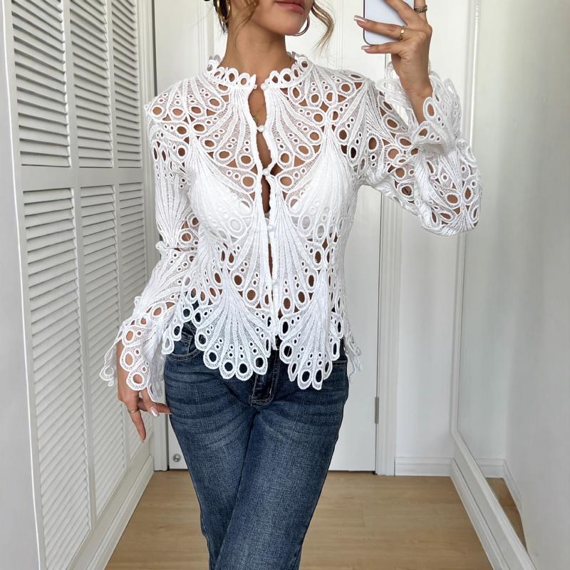 2026 Autumn New Lace Hollow Out Solid Color Top Fashionable Casual Long Sleeve Shirt for Women