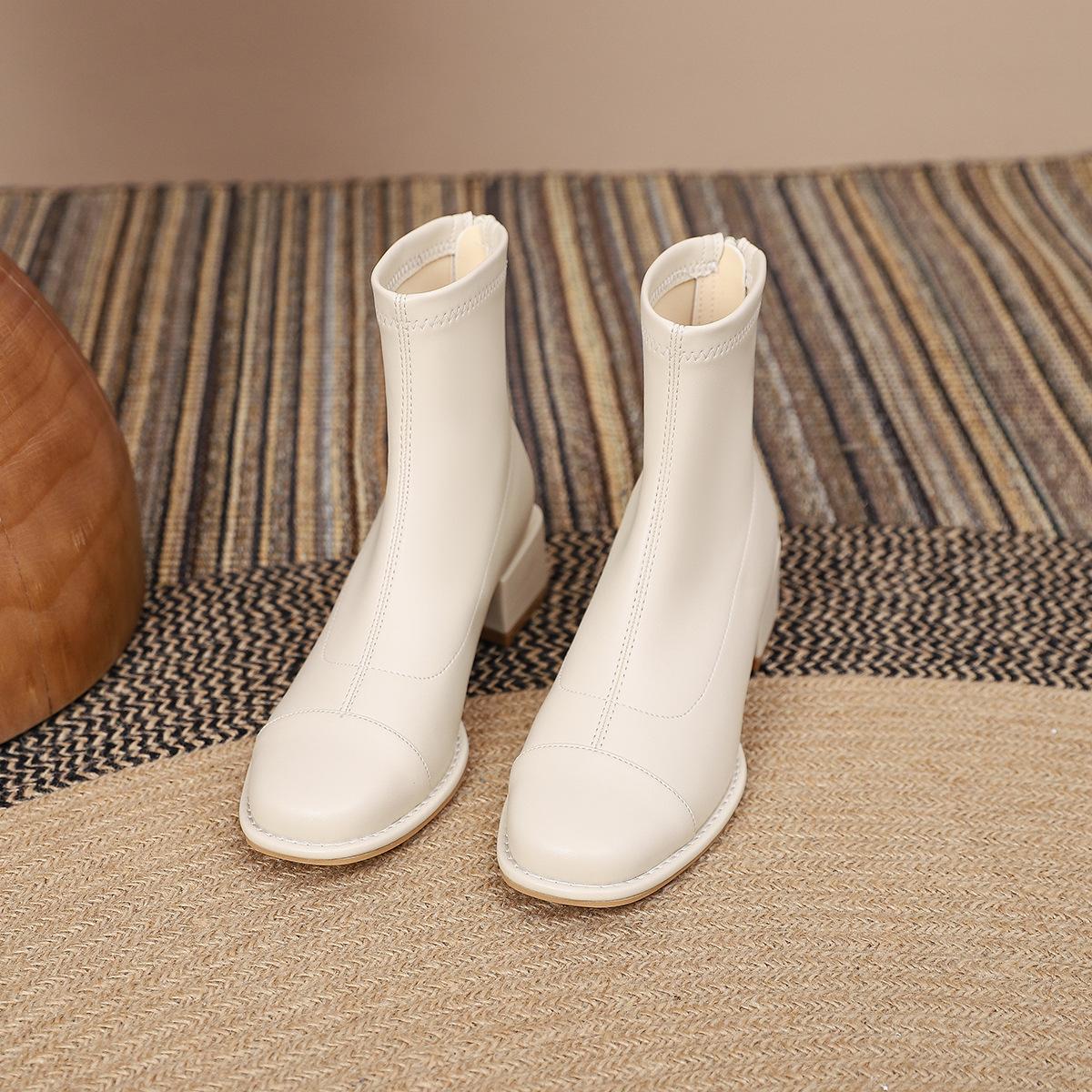 

Splicing thick heel women s boots soft leather 2025 boots autumn and winter new French square head single boots thin boots velvet small short boots 34