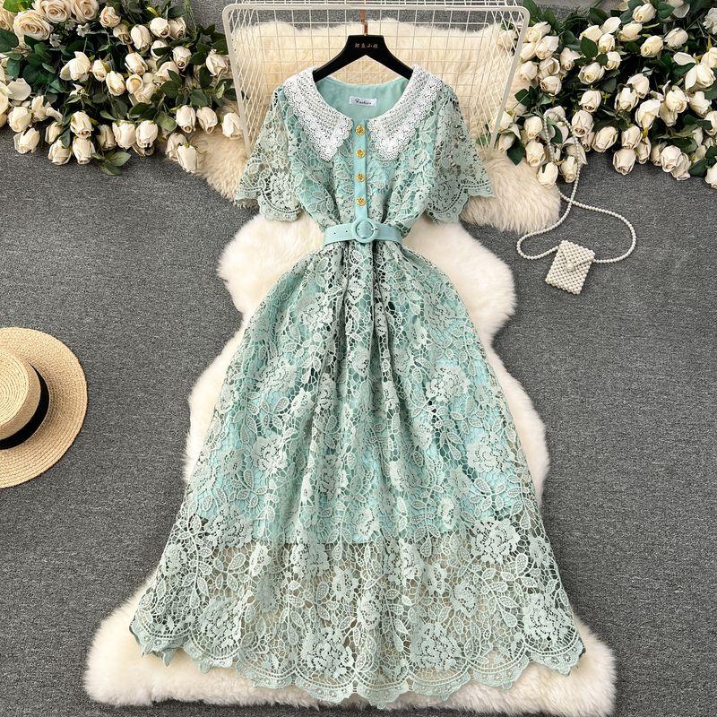 French Dress Female 2024 New Arrival Sweet Contrast-Color Doll Collar Breasted Silm Mid Length Long Length Lace Formal Dress