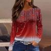 Women's Fashion Casual Slit Hem Round Neck Long Sleeve Loose Printed T-Shirt Ladies Top Christmas