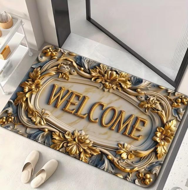 Elegante 3D Goldrahmen Willkommen Fußmatten Wasserabsorbierende Badematte Blumendesign Blau und Gold Hauseingänge oder Badezimmer