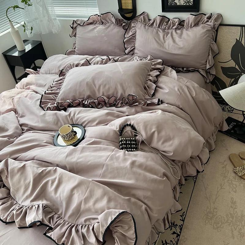 Four Piece Set of 180X220Cm Washed Ice Silky Bedding Korean Ruffled Quilt Cover for Bedroom Cooling Smooth Fitted Sheet Sets