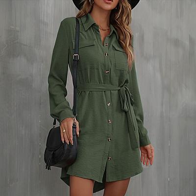 Spring and Autumn Women's Dress Cardigan Shirt Lapel Commuter Tie Shirt Long Sleeve Dresses